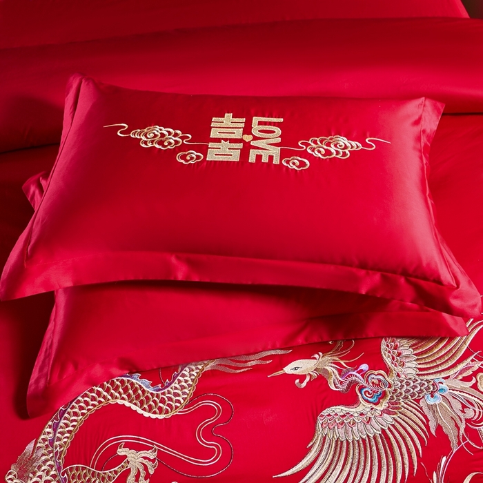 91家纺网 家纺一手货源 找家纺 慕她家纺 2026慕她大花工艺款全棉纯棉婚庆四件套大红色刺绣结婚床上用品 龙凤佳缘