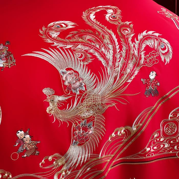 91家纺网 家纺一手货源 找家纺 慕她家纺 2026慕她大花工艺款全棉纯棉婚庆四件套大红色刺绣结婚床上用品 子孙满堂