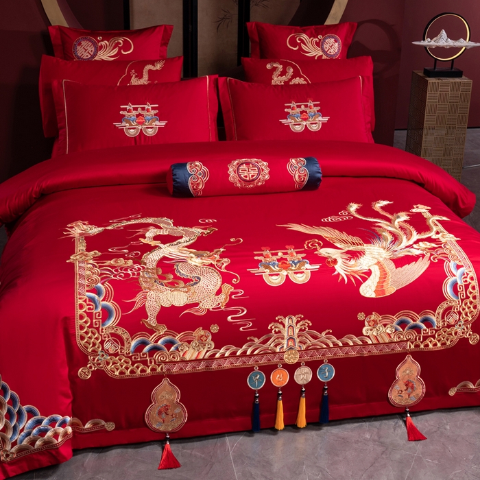 91家纺网 家纺一手货源 找家纺 慕她家纺 2026慕她大花工艺款全棉纯棉婚庆四件套大红色刺绣结婚床上用品 名门龙凤