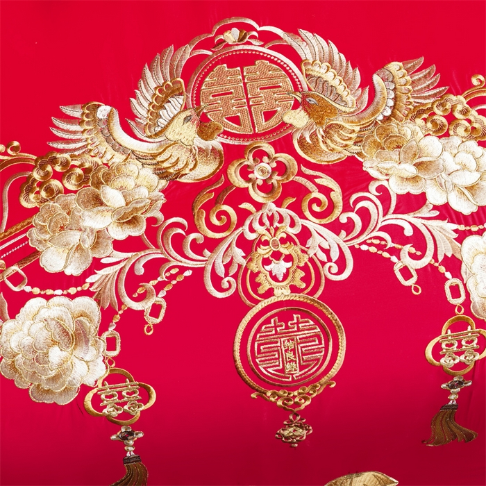 91家纺网 家纺一手货源 找家纺 慕她家纺 2026慕她大花工艺款全棉纯棉婚庆四件套大红色刺绣结婚床上用品 走进幸福 金