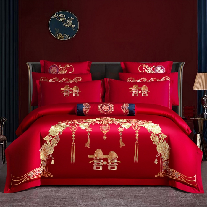 慕她家纺 2026慕她大花工艺款全棉纯棉婚庆四件套大红色刺绣结婚床上用品 走进幸福 金