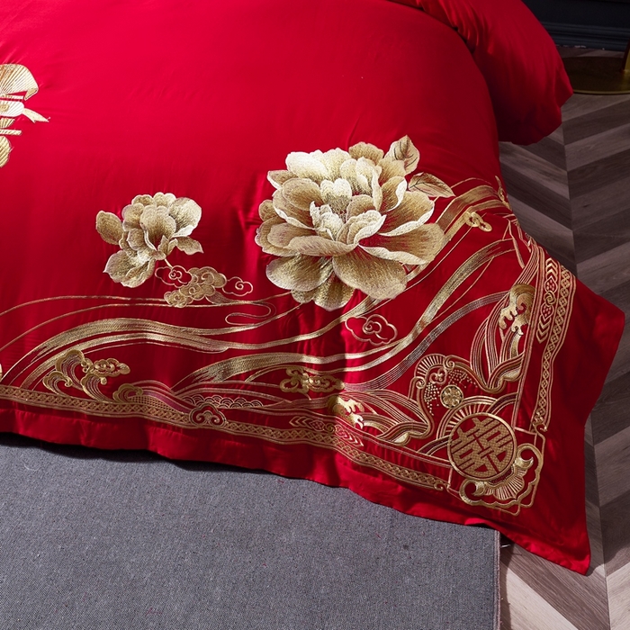 91家纺网 家纺一手货源 找家纺 慕她家纺 2026慕她大花工艺款全棉纯棉婚庆四件套大红色刺绣结婚床上用品 缔结良缘 金