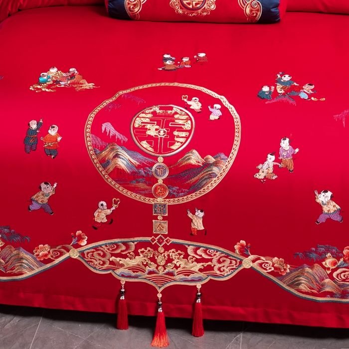 91家纺网 家纺一手货源 找家纺 慕她家纺 2026慕她大花工艺款全棉纯棉婚庆四件套大红色刺绣结婚床上用品 百子江山