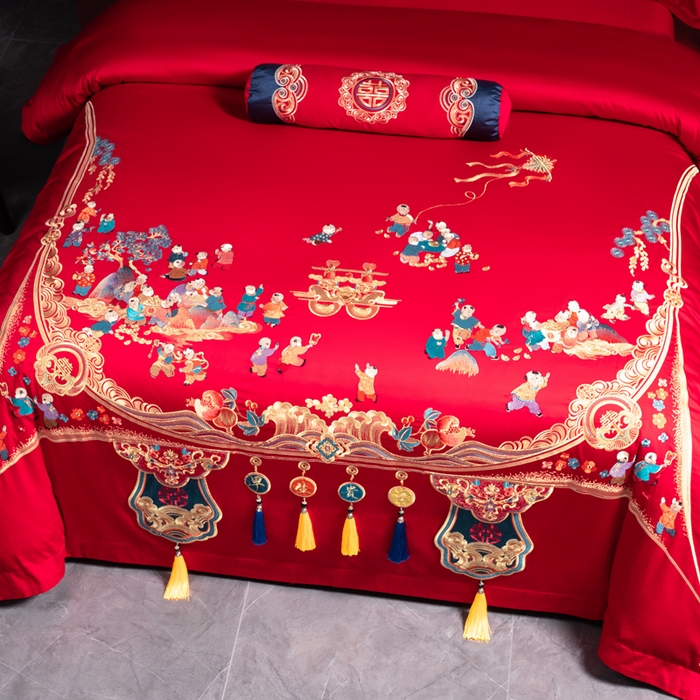 91家纺网 家纺一手货源 找家纺 慕她家纺 2026慕她大花工艺款全棉纯棉婚庆四件套大红色刺绣结婚床上用品 百子贺喜