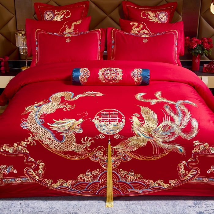 91家纺网 家纺一手货源 找家纺 慕她家纺 2026慕她大花工艺款全棉纯棉婚庆四件套大红色刺绣结婚床上用品 龙凤祥和