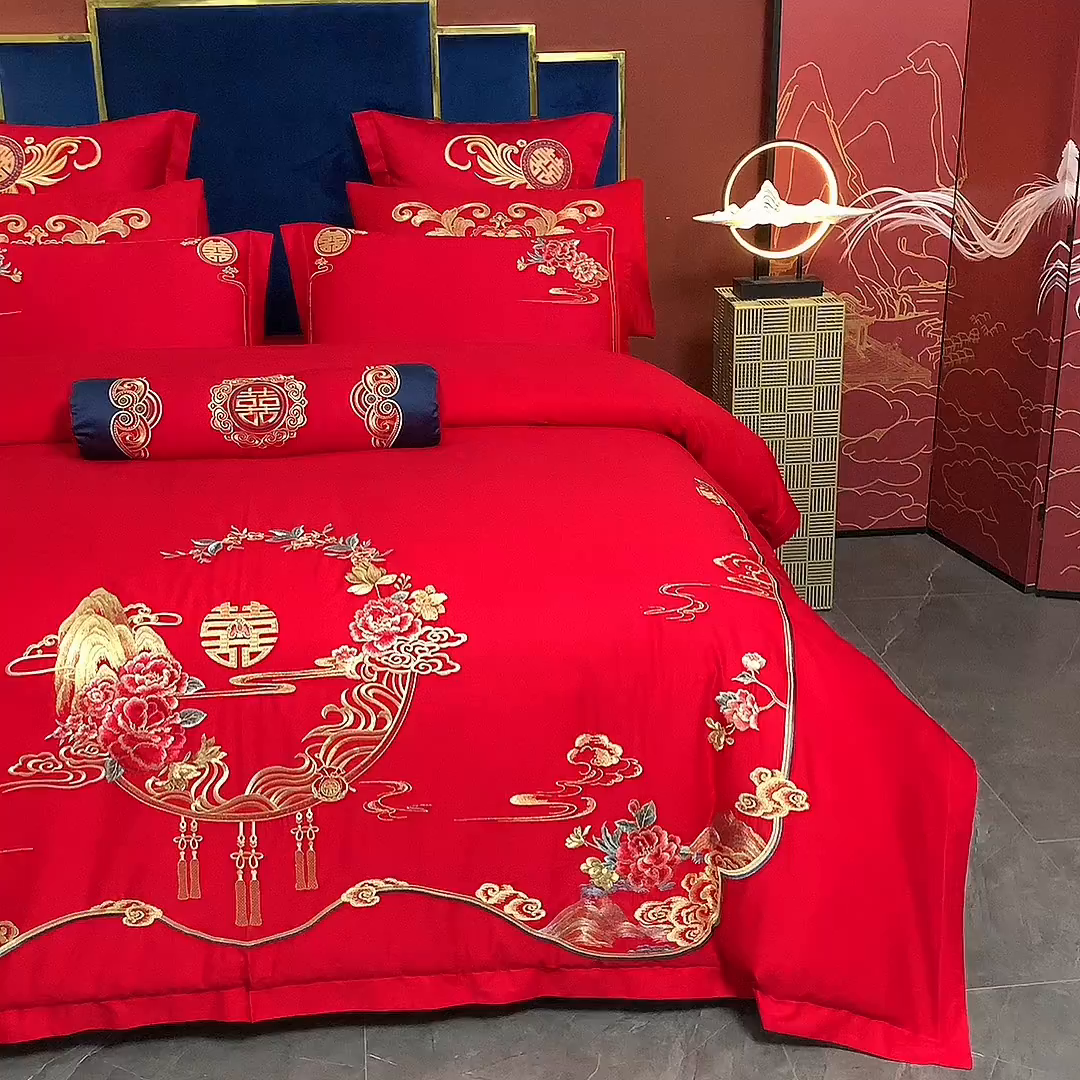 91家纺网 家纺一手货源 找家纺 慕她家纺 2026慕她大花工艺款全棉纯棉婚庆四件套大红色刺绣结婚床上用品 喜韵江山