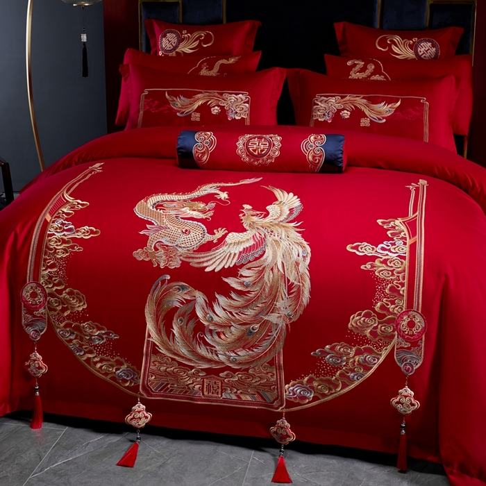 91家纺网 家纺一手货源 找家纺 慕她家纺 2026慕她大花工艺款全棉纯棉婚庆四件套大红色刺绣结婚床上用品 龙啸凤吟