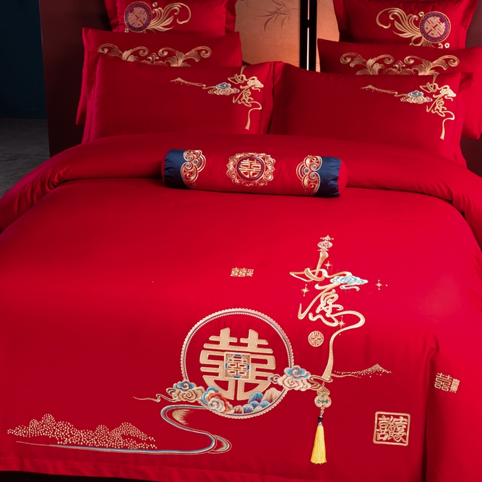 91家纺网 家纺一手货源 找家纺 慕她家纺 2026慕她大花工艺款全棉纯棉婚庆四件套大红色刺绣结婚床上用品 如愿