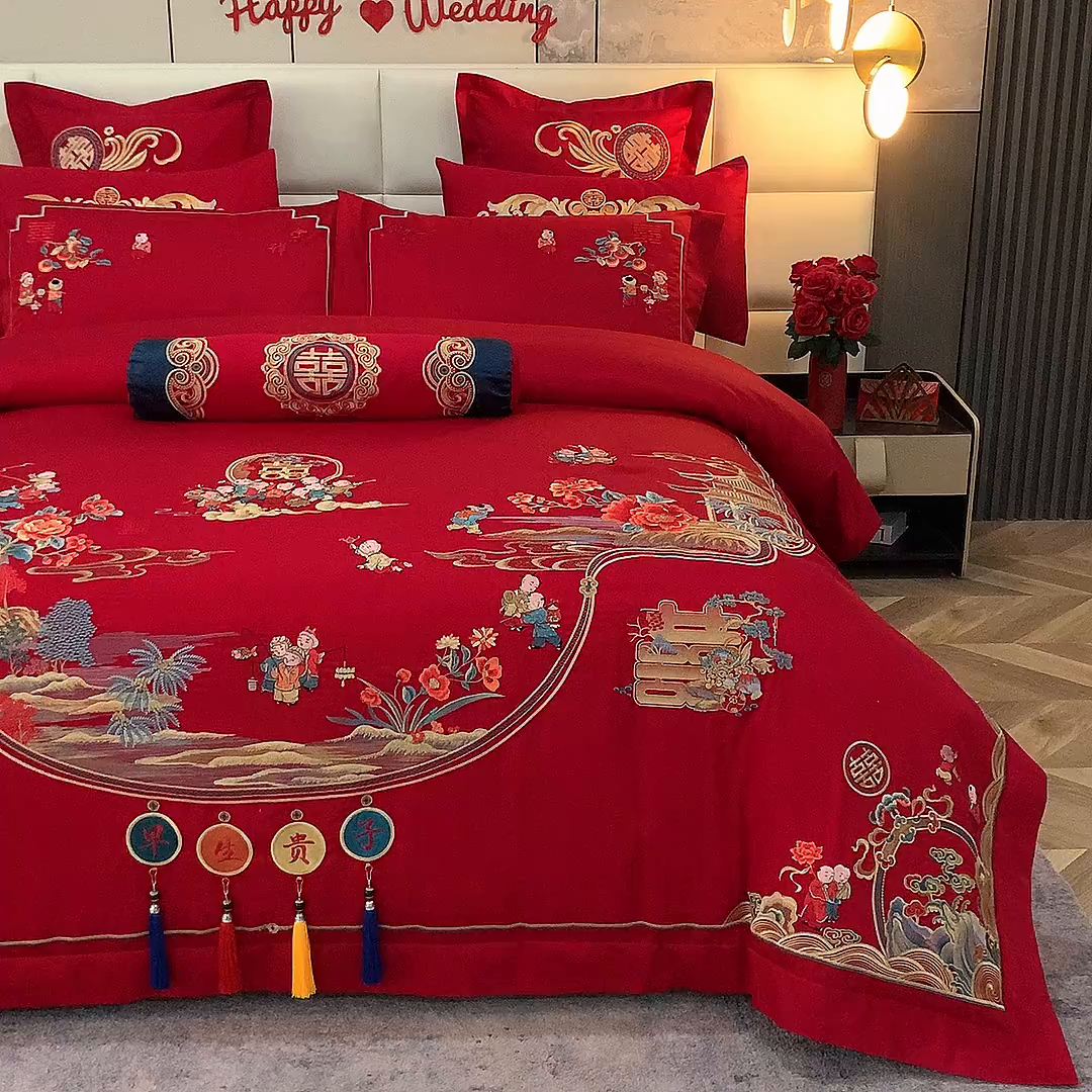 91家纺网 家纺一手货源 找家纺 慕她家纺 2026慕她大花工艺款全棉纯棉婚庆四件套大红色刺绣结婚床上用品 早生贵子