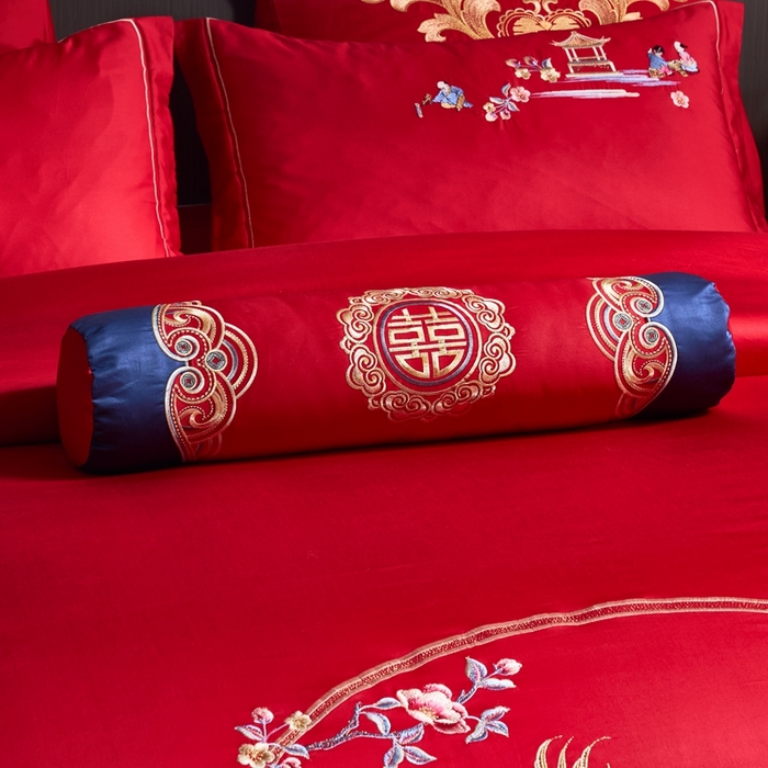 91家纺网 家纺一手货源 找家纺 慕她家纺 2026慕她大花工艺款全棉纯棉婚庆四件套大红色刺绣结婚床上用品 龙凤送子