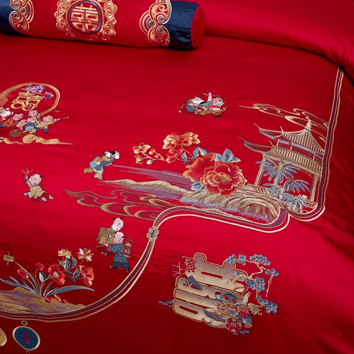 91家纺网 家纺一手货源 找家纺 慕她家纺 2026慕她大花工艺款全棉纯棉婚庆四件套大红色刺绣结婚床上用品 早生贵子