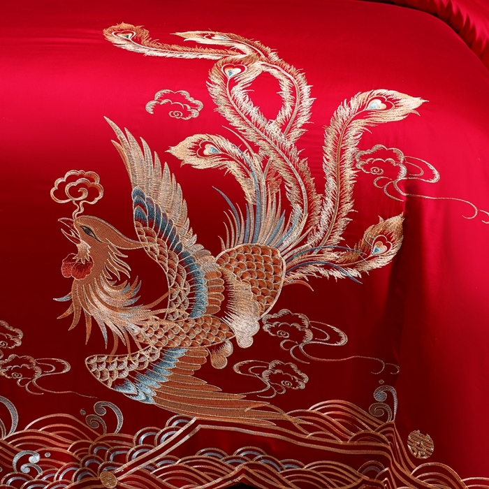 91家纺网 家纺一手货源 找家纺 慕她家纺 2026慕她大花工艺款全棉纯棉婚庆四件套大红色刺绣结婚床上用品 喜结连理