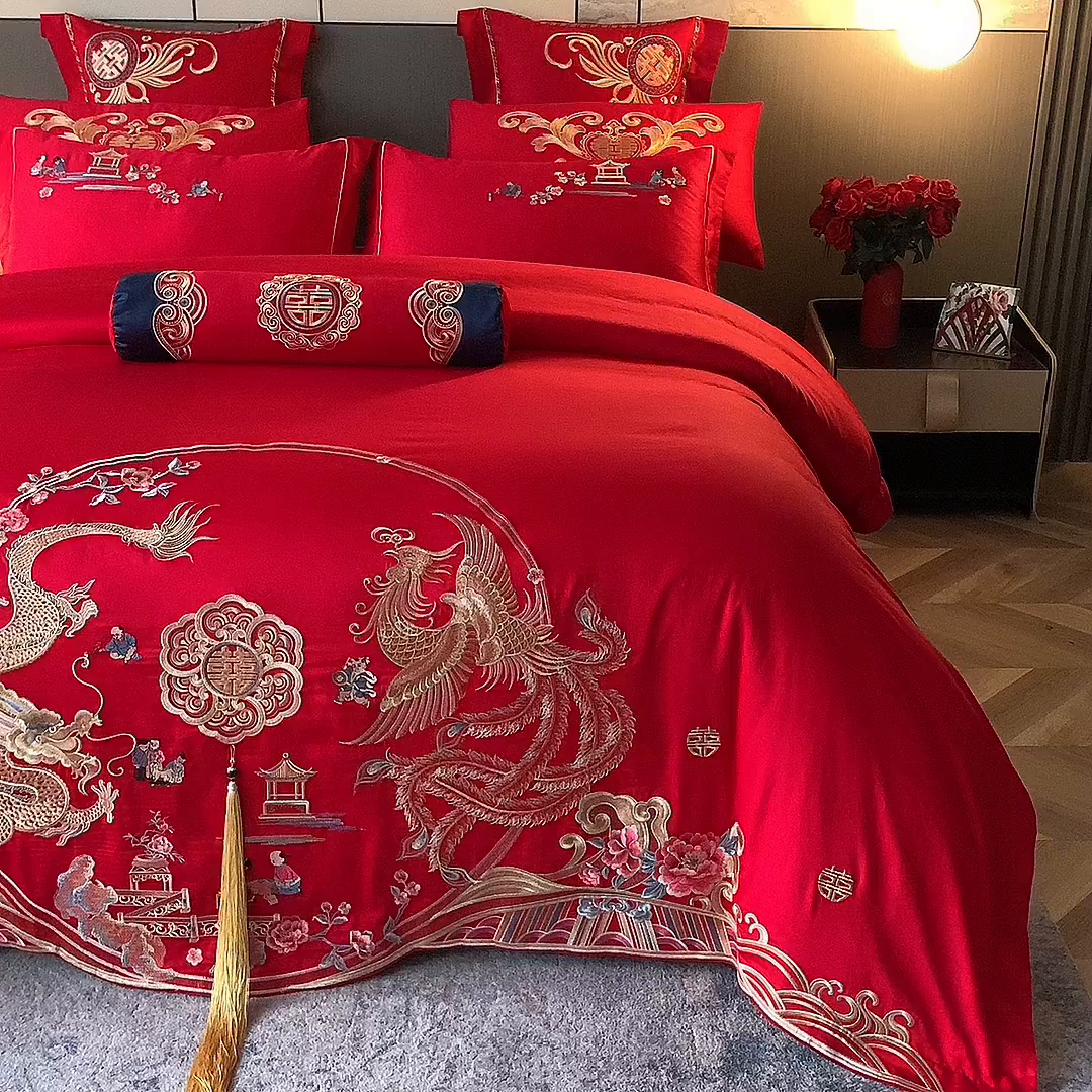 91家纺网 家纺一手货源 找家纺 慕她家纺 2026慕她大花工艺款全棉纯棉婚庆四件套大红色刺绣结婚床上用品 龙凤送子