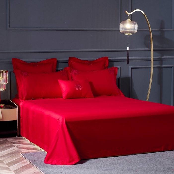 91家纺网 家纺一手货源 找家纺 慕她家纺 2026慕她大花工艺款全棉纯棉婚庆四件套大红色刺绣结婚床上用品 缔结良缘 红