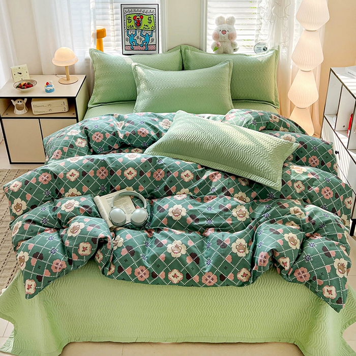 梦精灵家纺 2026新款纯棉床盖四件套全棉绗缝夹棉防滑床单四季通用榻榻米单人学生宿舍 温情ABC绿