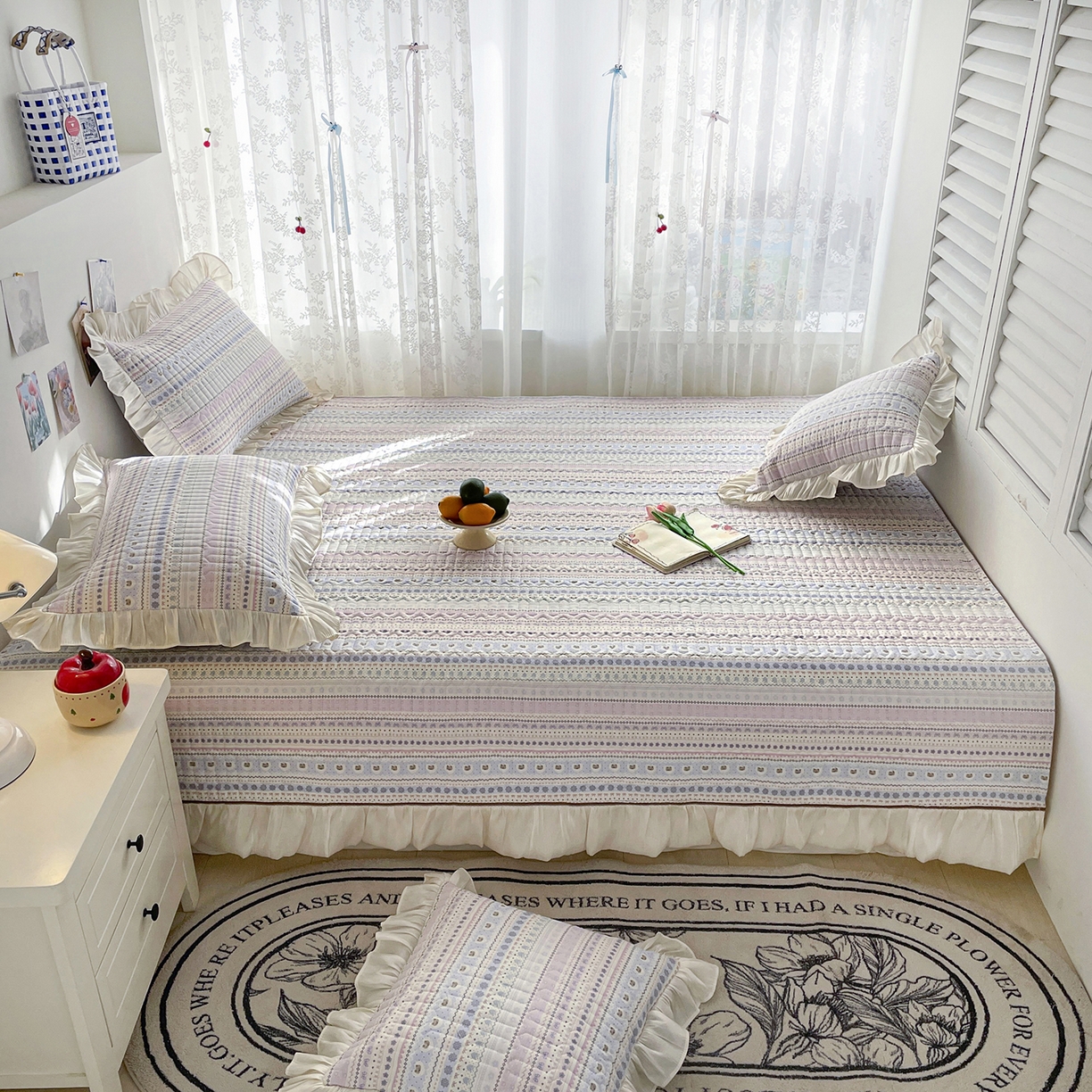 91家纺网 家纺一手货源 找家纺 （总）美优兰 2025全棉法式花边双层纱水洗棉花床盖三件套（提供买家秀）