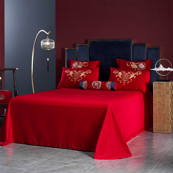 91家纺网 家纺一手货源 找家纺 慕她家纺 2026慕她大花工艺款全棉纯棉婚庆四件套大红色刺绣结婚床上用品 花开志喜