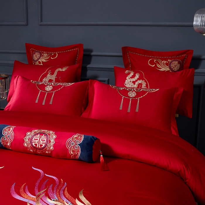 91家纺网 家纺一手货源 找家纺 慕她家纺 2026慕她大花工艺款全棉纯棉婚庆四件套大红色刺绣结婚床上用品 福喜龙凤