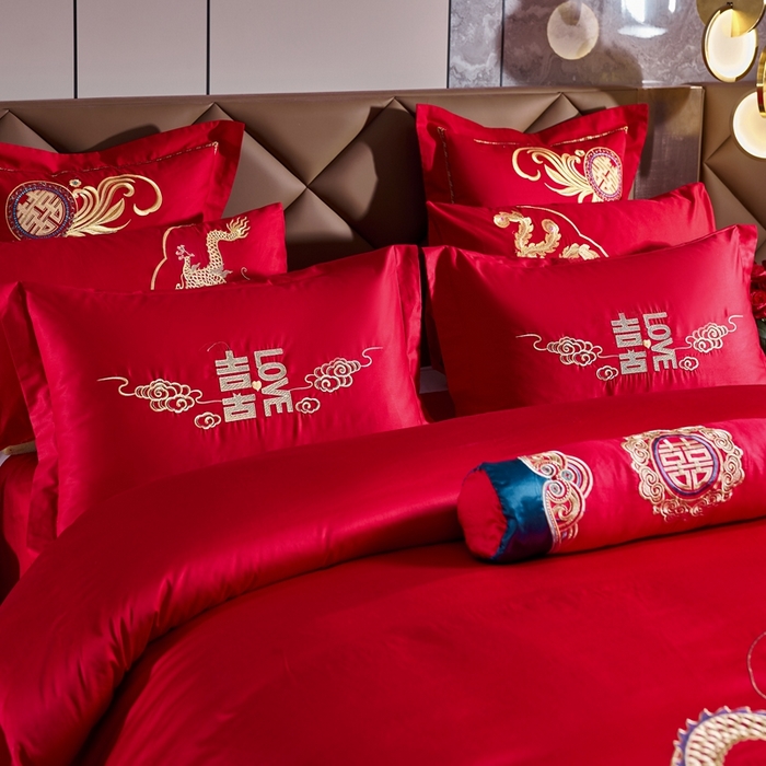 91家纺网 家纺一手货源 找家纺 慕她家纺 2026慕她大花工艺款全棉纯棉婚庆四件套大红色刺绣结婚床上用品 龙凤佳缘