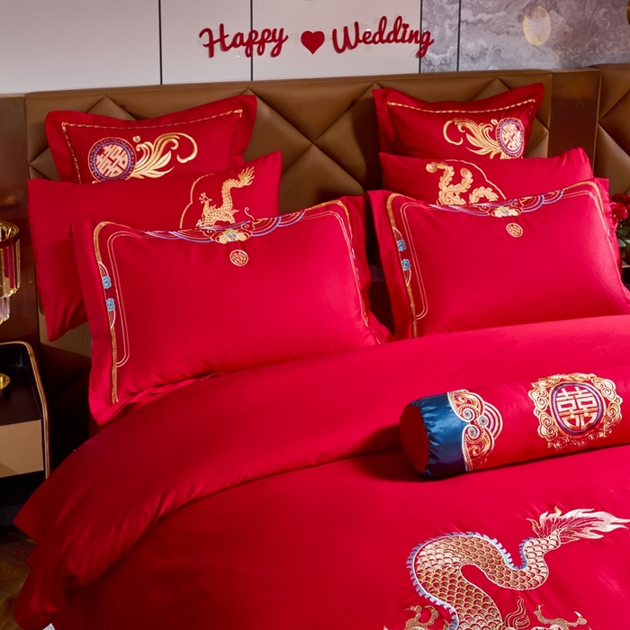 91家纺网 家纺一手货源 找家纺 慕她家纺 2026慕她大花工艺款全棉纯棉婚庆四件套大红色刺绣结婚床上用品 龙凤祥和