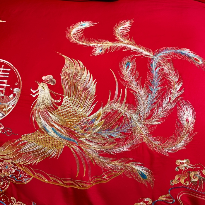 91家纺网 家纺一手货源 找家纺 慕她家纺 2026慕她大花工艺款全棉纯棉婚庆四件套大红色刺绣结婚床上用品 龙凤祥和