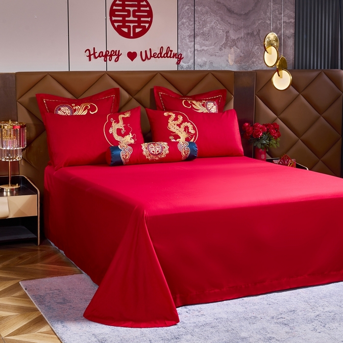 91家纺网 家纺一手货源 找家纺 慕她家纺 2026慕她大花工艺款全棉纯棉婚庆四件套大红色刺绣结婚床上用品 龙凤祥和