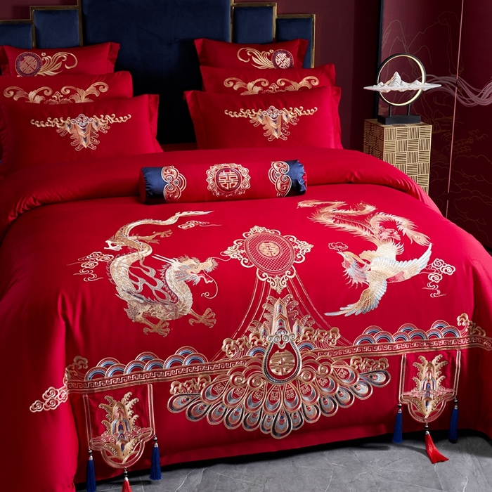 91家纺网 家纺一手货源 找家纺 慕她家纺 2026慕她大花工艺款全棉纯棉婚庆四件套大红色刺绣结婚床上用品 龙翔凤舞