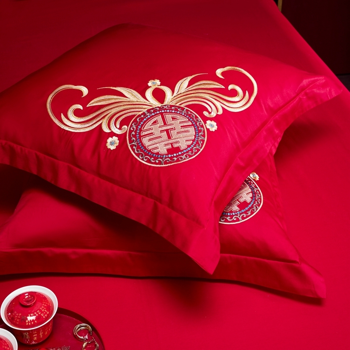 91家纺网 家纺一手货源 找家纺 慕她家纺 2026慕她大花工艺款全棉纯棉婚庆四件套大红色刺绣结婚床上用品 龙翔凤舞