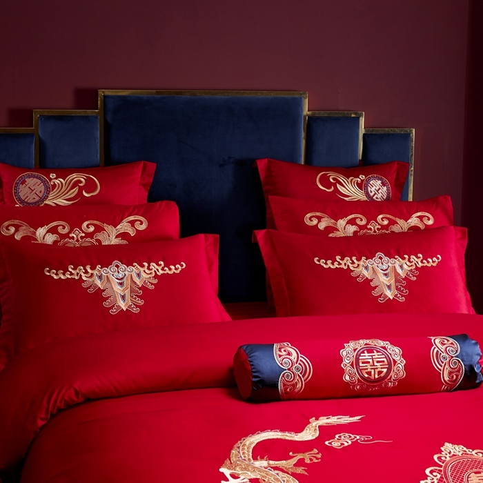 91家纺网 家纺一手货源 找家纺 慕她家纺 2026慕她大花工艺款全棉纯棉婚庆四件套大红色刺绣结婚床上用品 龙翔凤舞
