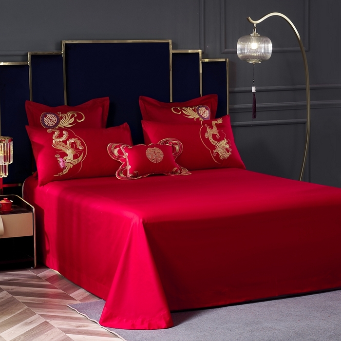 91家纺网 家纺一手货源 找家纺 慕她家纺 2026慕她大花工艺款全棉纯棉婚庆四件套大红色刺绣结婚床上用品 甜蜜龙凤