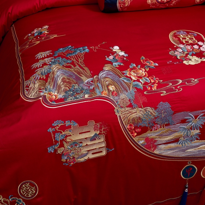 91家纺网 家纺一手货源 找家纺 慕她家纺 2026慕她大花工艺款全棉纯棉婚庆四件套大红色刺绣结婚床上用品 早生贵子