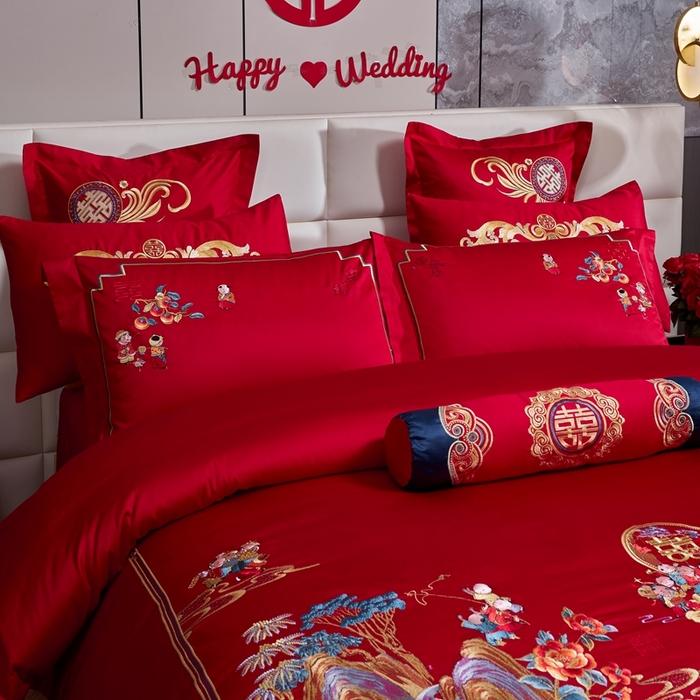 91家纺网 家纺一手货源 找家纺 慕她家纺 2026慕她大花工艺款全棉纯棉婚庆四件套大红色刺绣结婚床上用品 早生贵子
