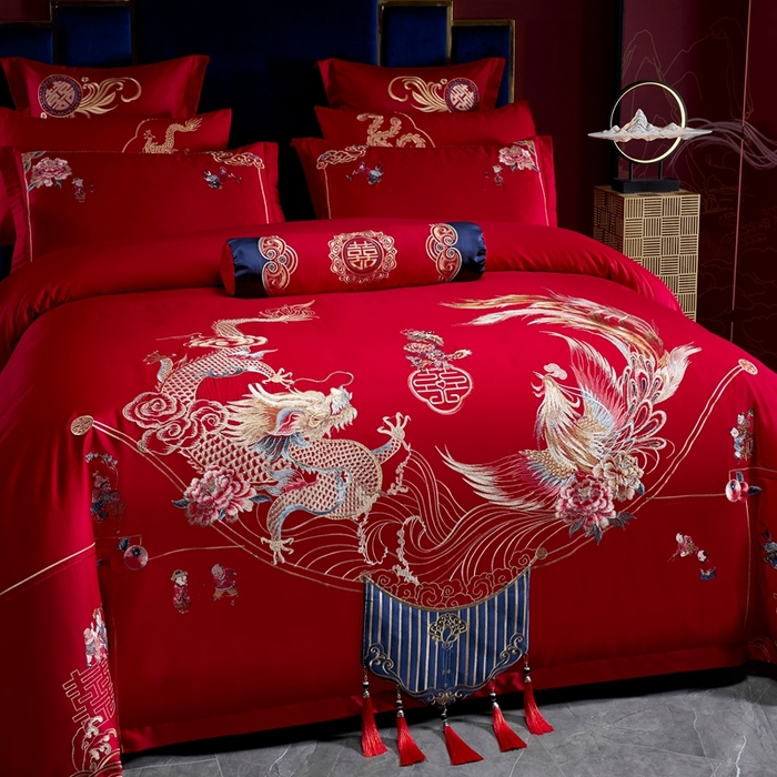 91家纺网 家纺一手货源 找家纺 慕她家纺 2026慕她大花工艺款全棉纯棉婚庆四件套大红色刺绣结婚床上用品 挚爱龙凤