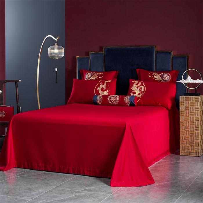 91家纺网 家纺一手货源 找家纺 慕她家纺 2026慕她大花工艺款全棉纯棉婚庆四件套大红色刺绣结婚床上用品 百子登科