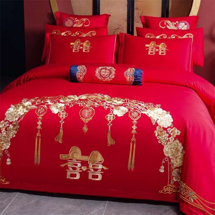 91家纺网 家纺一手货源 找家纺 慕她家纺 2026慕她大花工艺款全棉纯棉婚庆四件套大红色刺绣结婚床上用品 走进幸福 金