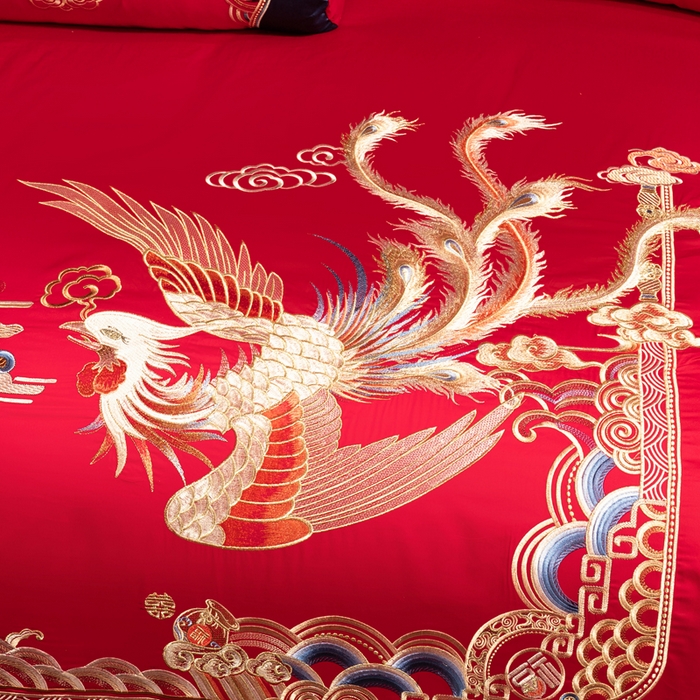 91家纺网 家纺一手货源 找家纺 慕她家纺 2026慕她大花工艺款全棉纯棉婚庆四件套大红色刺绣结婚床上用品 名门龙凤