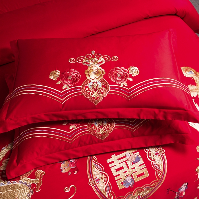 91家纺网 家纺一手货源 找家纺 慕她家纺 2026慕她大花工艺款全棉纯棉婚庆四件套大红色刺绣结婚床上用品 眷恋龙凤