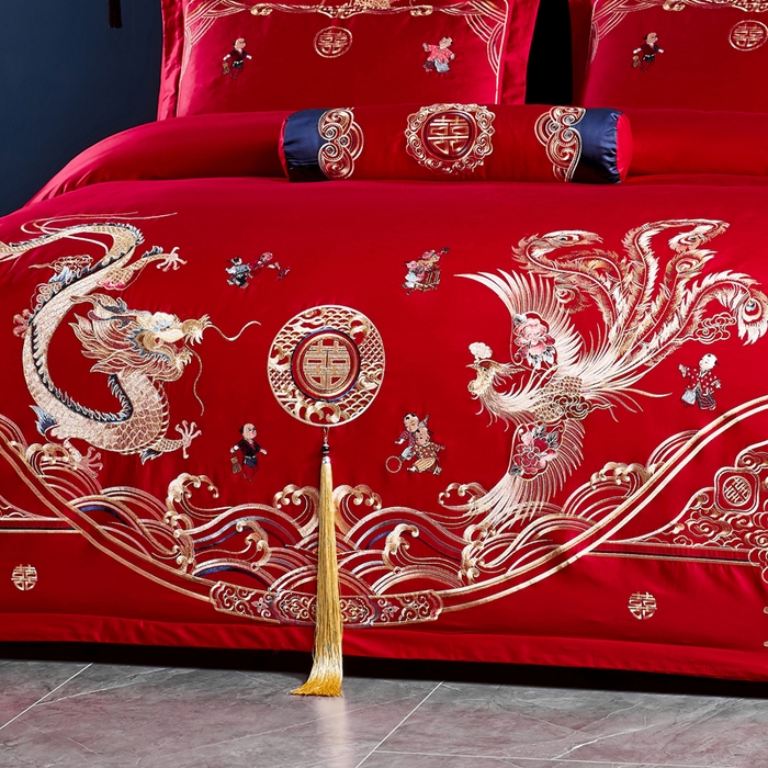 91家纺网 家纺一手货源 找家纺 慕她家纺 2026慕她大花工艺款全棉纯棉婚庆四件套大红色刺绣结婚床上用品 子孙满堂