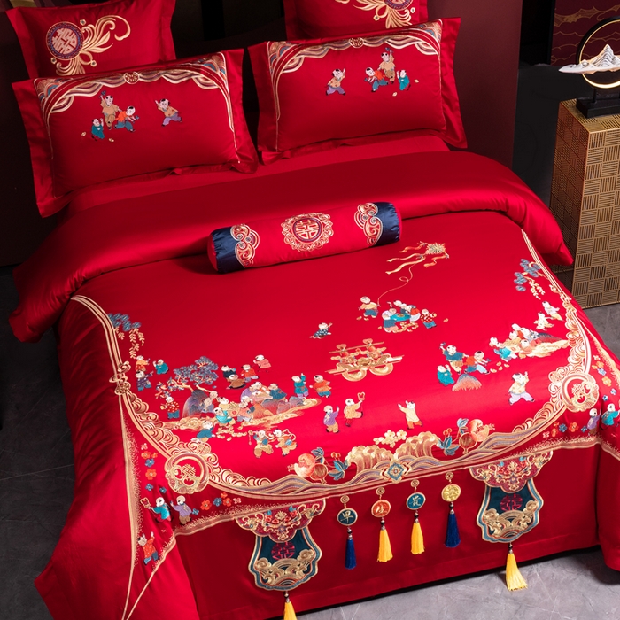91家纺网 家纺一手货源 找家纺 慕她家纺 2026慕她大花工艺款全棉纯棉婚庆四件套大红色刺绣结婚床上用品 百子贺喜