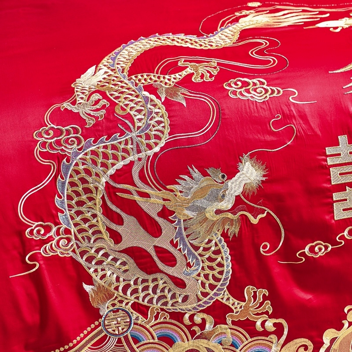 91家纺网 家纺一手货源 找家纺 慕她家纺 2026慕她大花工艺款全棉纯棉婚庆四件套大红色刺绣结婚床上用品 龙凤佳缘