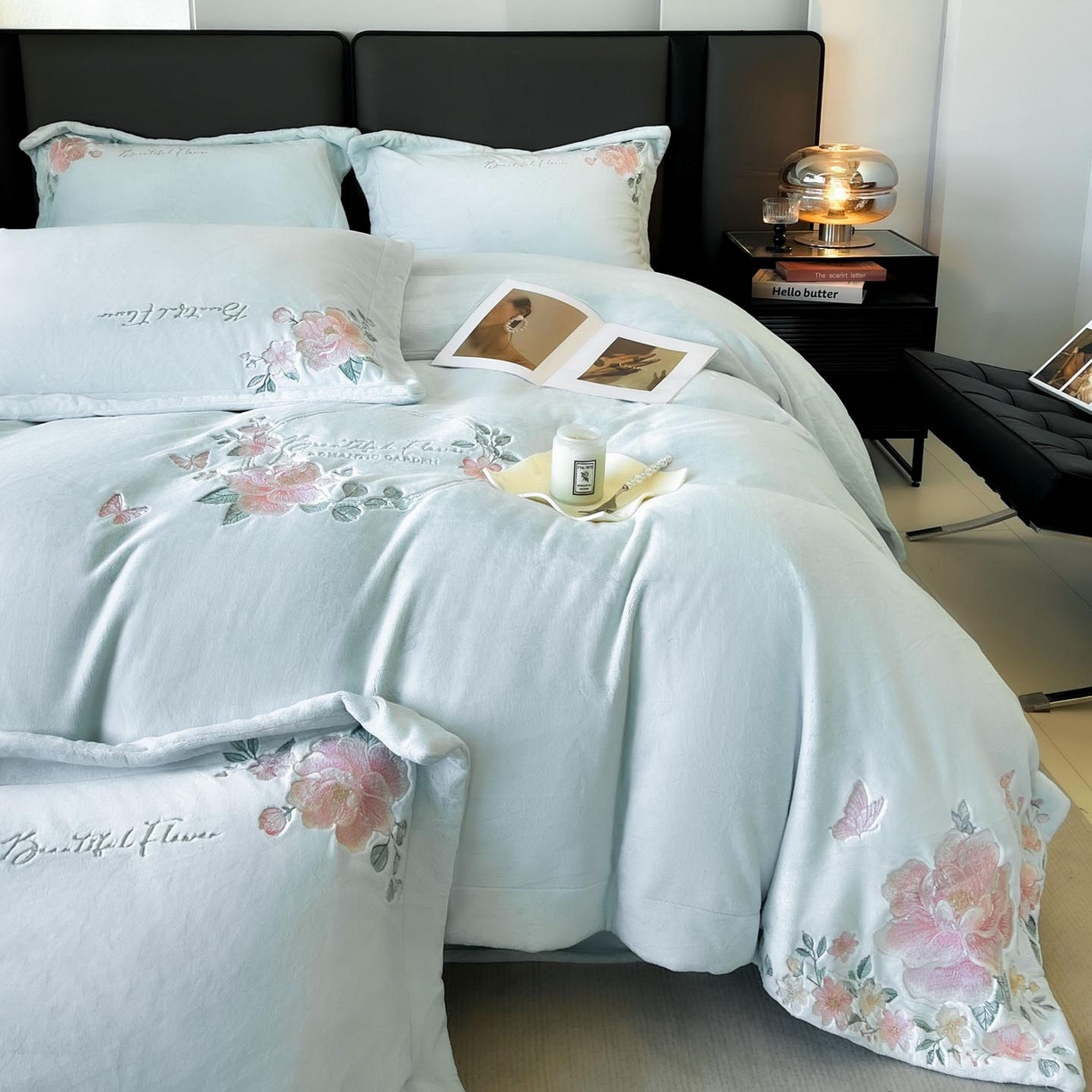 91家纺网 家纺一手货源 找家纺 润锦云 2026新款牛奶绒刺绣四件套-花之韵 花之韵-天空蓝