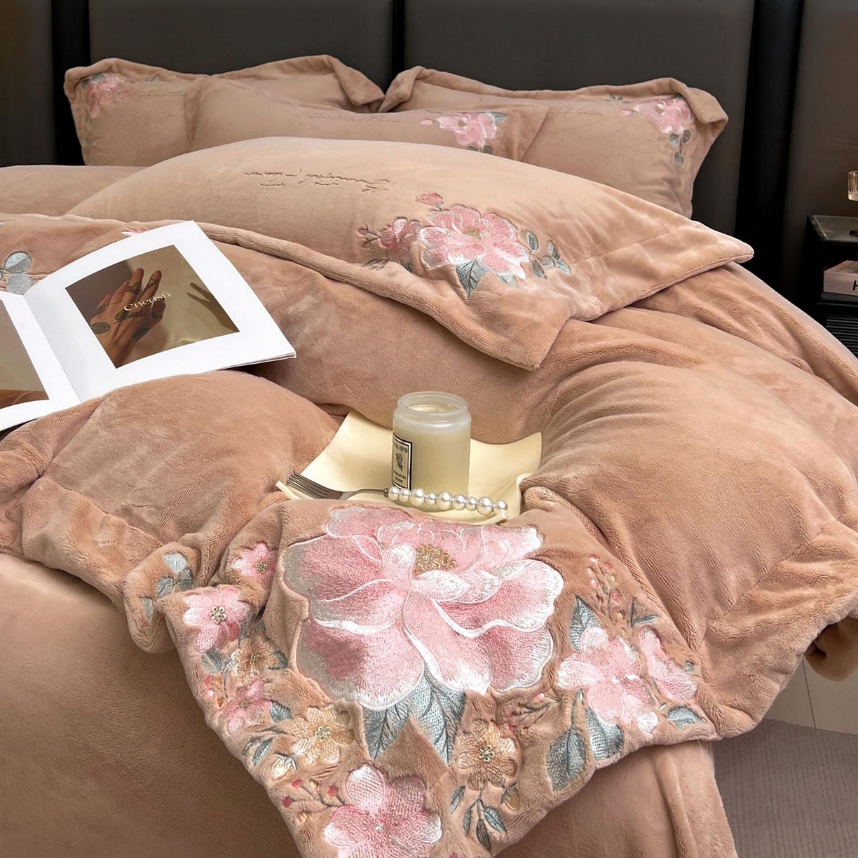 润锦云 2026新款牛奶绒刺绣四件套-花之韵 花之韵-摩卡棕