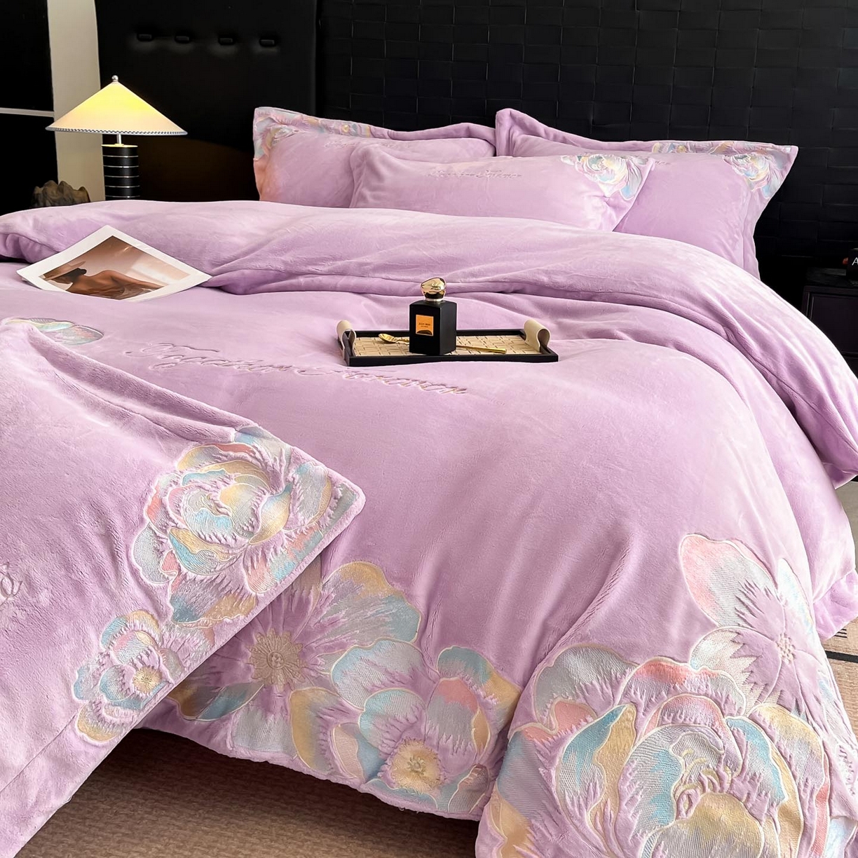 润锦云 2026新款大热款220克全消光刺绣牛奶绒四件套-向阳花开 向阳花开-高贵紫