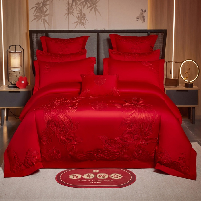 91家纺网 家纺一手货源 找家纺 （总）润锦云 2026新款150克高克重中式婚庆款高支高密重工刺绣四件套