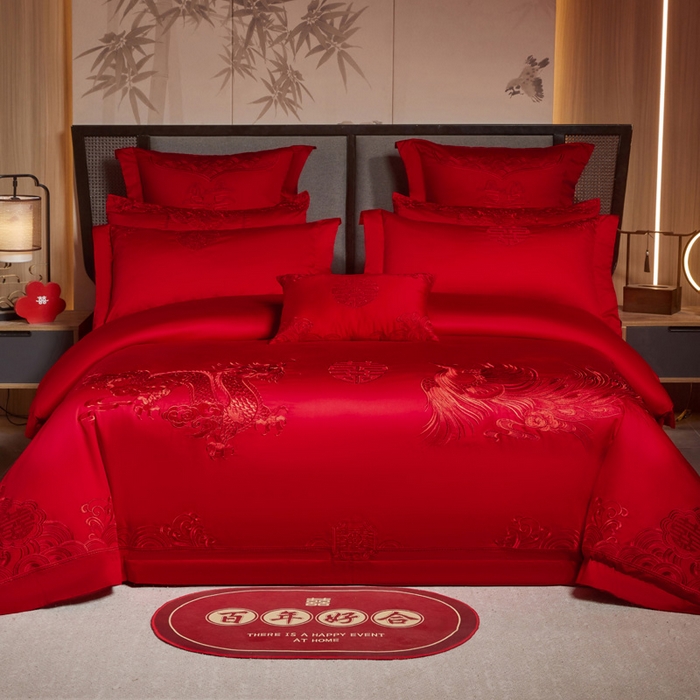 91家纺网 家纺一手货源 找家纺 润锦云 2026新款150克高克重中式婚庆款高支高密重工刺绣四件套 祥龙喜凤--红
