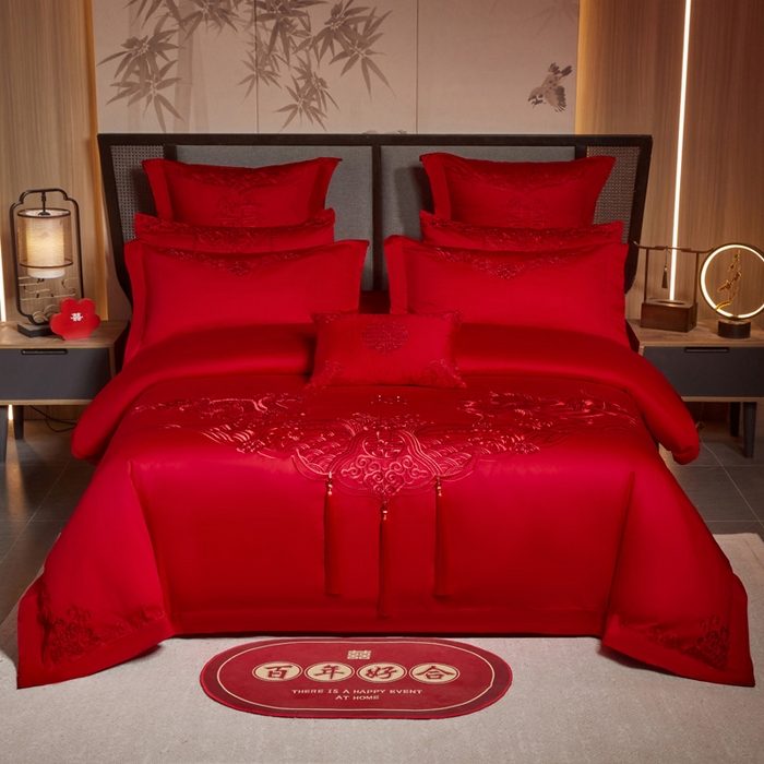 91家纺网 家纺一手货源 找家纺 润锦云 2026新款150克高克重中式婚庆款高支高密重工刺绣四件套 龙凤情缘--红色