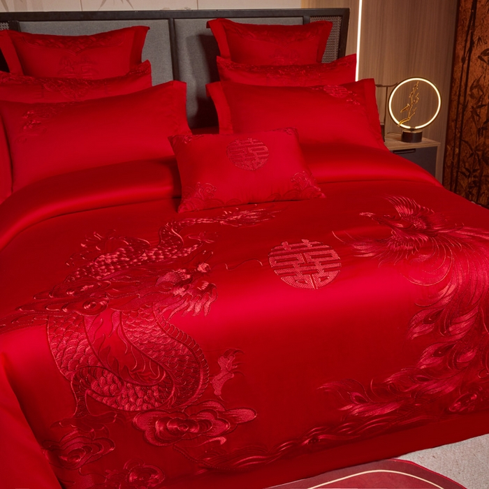 91家纺网 家纺一手货源 找家纺 （总）润锦云 2026新款150克高克重中式婚庆款高支高密重工刺绣四件套