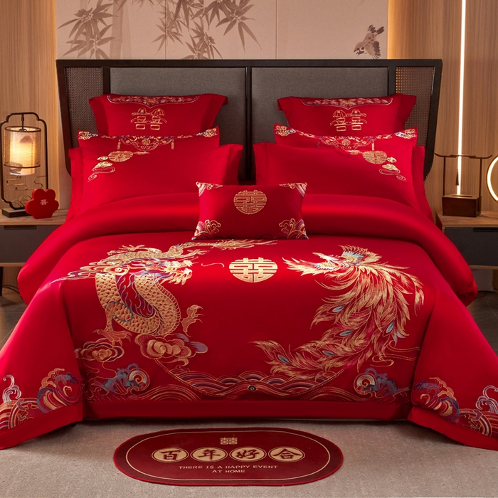 91家纺网 家纺一手货源 找家纺 （总）润锦云 2026新款150克高克重中式婚庆款高支高密重工刺绣四件套