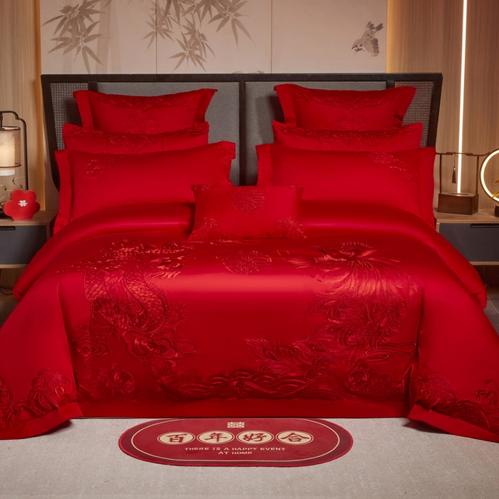 91家纺网 家纺一手货源 找家纺 （总）润锦云 2026新款150克高克重中式婚庆款高支高密重工刺绣四件套