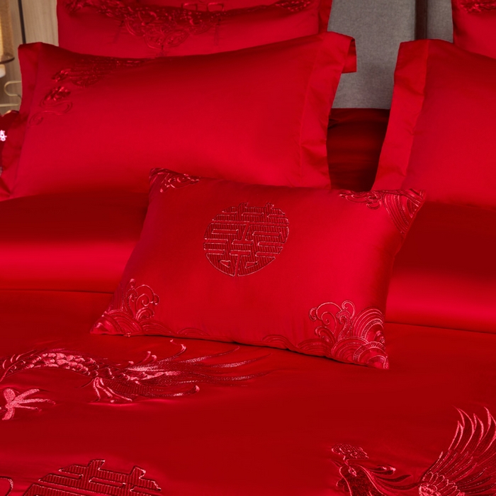 91家纺网 家纺一手货源 找家纺 润锦云 2026新款150克高克重中式婚庆款高支高密重工刺绣四件套 金龙玉凤-- 红